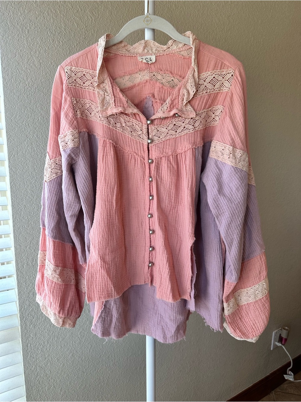 POL colorblock gauze patchwork lace button down cottage core boho shirt small